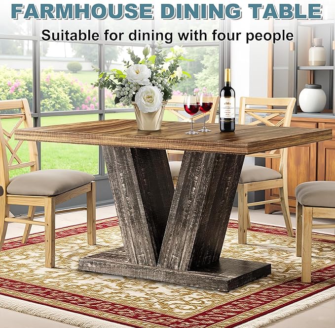 Dining Table for 4-6, 47" Farmhouse Dinner Table with with Wooden Tabletop and Heavy Duty Pedestal Wooden Rectangular Kitchen Tables for Dining Room, Kitchen, Living Room, Brown & Black