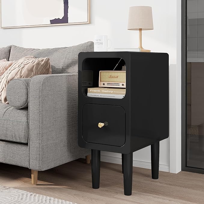 Narrow Nightstand, Solid Wood Night Stand with Drawers, Black Mid Century Modern Nightstand, Small Beside Table with Open Storage Shelf for Bedroom (10 inch)