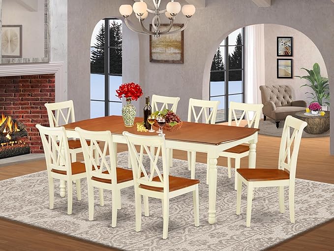 East West Furniture DOCL9-BMK-W 9 Piece Dining Table Set Includes a Rectangle Dining Room Table with Butterfly Leaf and 8 Wood Seat Chairs, 42x78 Inch, Buttermilk & Cherry