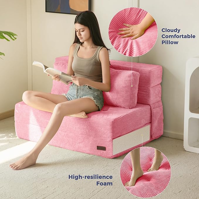 MAXYOYO Convertible Sofa Bed, Fold Out Loveseat Sleeper Sofa with Pillow, 4 in 1 Tufted Folding Couch Bed Foam Floor Couch, Lazy Chair for Living Room Bedroom Guest Room, Pink