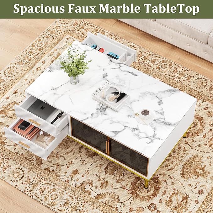 GAOMON Coffee Table for Living Room, Faux Marble Coffee Table with 4 Drawers and Glass Doors Storage, Modern Aesthetic Fluted Panel Design, White & Gold