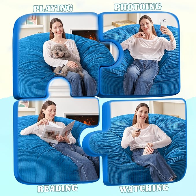 HABUTWAY 4FT Bean Bag Chair,Giant Bean Bag Chairs for Adults,Big Bean Bags with Memory Foam Filled, Large Beanbag Chairs with Soft Corduroy Cover-Blue
