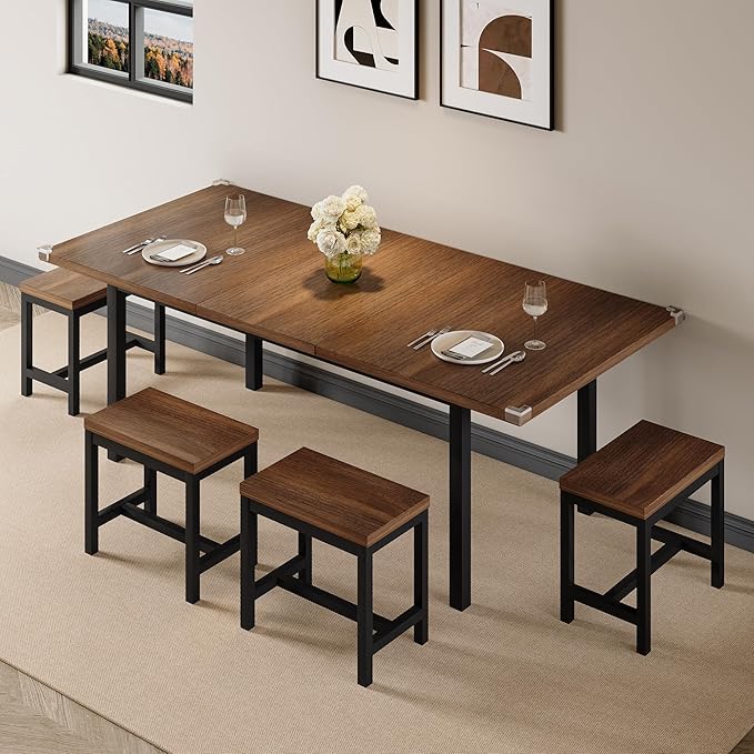 7-Piece Dining Table Set, 63" Extendable Kitchen Room Table with 6 Stools, Mid Century Modern Dinner Table with Metal Frame & MDF Board, Space-Saving, Easy Assembly, Walnut