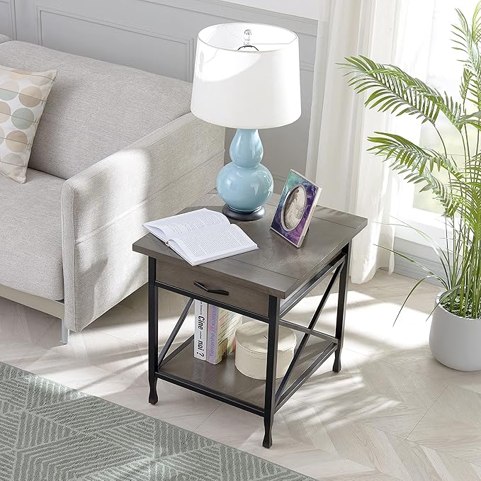 Leick Home 23007 Chisel & Forge One Drawer X Design Mixed Metal and Wood Side Table with Shelf, Smoke Gray and Matte Black, 22 in x 24 in x 24 in