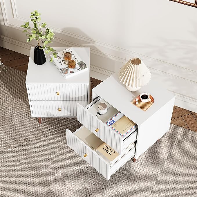 White Night Stand Set 2,Modern Bedside Table with 2 Drawers Storage,Fluted Nightstand and Wood End Side Table with Rose Gold Metal Legs and Handles for Bedroom,White