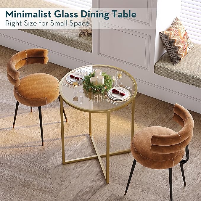 SAYGOER Small Round Dining Table for 2,Glass Circle Kitchen Dinner Table,26.7'' Multifuntional Modern Desk for Dining Room,Office,Kitchen,Apartment,Easy Assembly,Gold