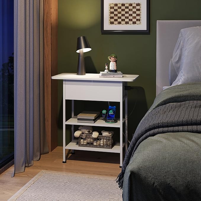 WLIVE End Table with Charging Station, Flip Top Side Table with Storage Shelf, Narrow Bedside Table for Living Room, Sofa Couch Table with USB Ports and Outlets, Bedroom Nightstand, White