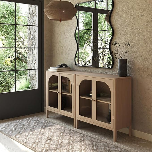 Nathan James Mason Modern Farmhouse TV Stand, Free Standing Accent Sideboard Buffet, Cabinet with Glass Doors and Adjustable Shelf, Clear Glass/Raw Oak Set of 2