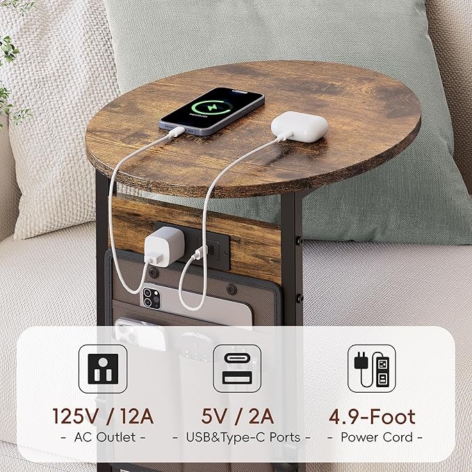 Vagusicc C Shaped End Table with Charging Station, Adjustable Height Side Table for Couch, 32" Tall End Table Small Couch Side Table, Slide Under Sofa TV Tray Snack Arm Tables for Living Room, Brown