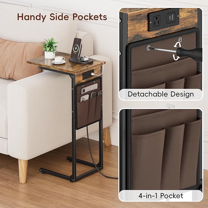 Vagusicc C Shaped End Table with Charging Station, Small Side Table for Couch, Tall Sofa Table Couch Side Tables, Slide Under Sofa Table TV Tray Arm C Tables for Living Room, Bedroom, Bedside, Brown