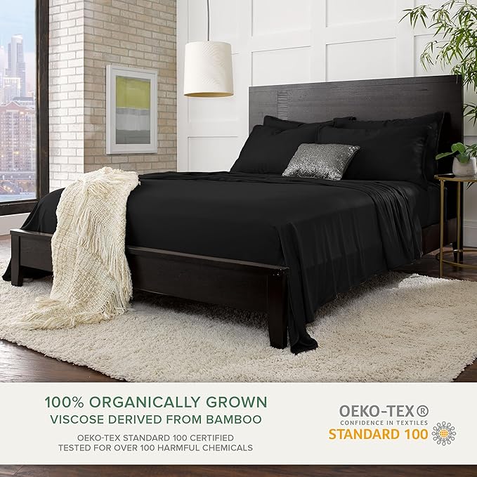 Queen Sheets by Pure Bamboo, Genuine 100% Organic Viscose Derived from Bamboo Bed Sheet Set, Luxuriously Soft & Cooling, Double Stitching, Lifetime Quality Promise (Queen, Black)