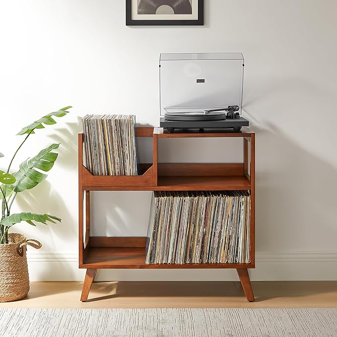 Crosley Furniture Asheville Mid-Century Modern Media Console Record Player Stand, Storage for Vinyl Records, Medium, Walnut