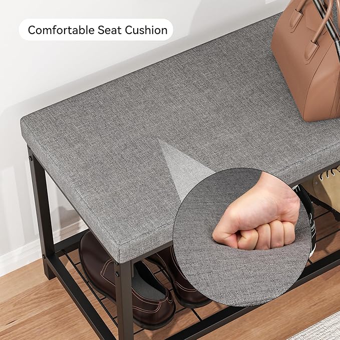 Shoe Bench, Entryway Bench with Cushion Seat, Shoe Rack Bench with Storage, Modern Style, Holds Up to 350 lb, for Living Room, Bedroom, Hallway, Grey