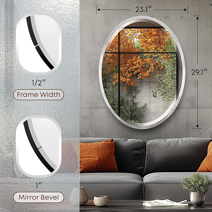 OVALCREST - Oval Wooden Beveled Wall Mirror for Home Decor, Bathroom, Vanity, Bedroom, Living Room, Hallway - London Style (Silver Leaf with Brown Antique) 23.1 x 29.1