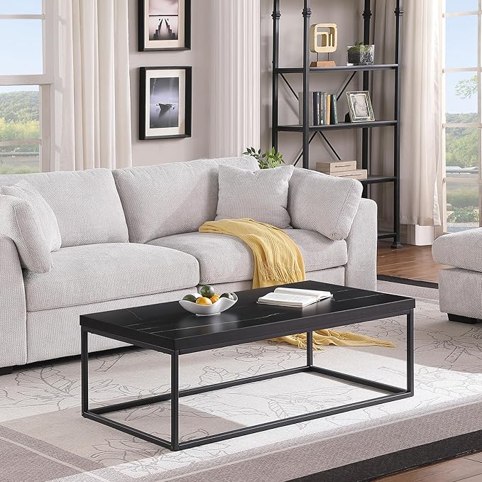 CENSI 47-Inch Black Marble Accent Coffee Table/Center Table for Living Room, Rectangle Modern Industrial Style,Wood and Metal, Max.Loading 220 lbs. (Black Marble)
