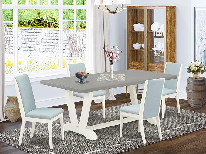 East West Furniture V097LA015-5 5 Piece Modern Dining Table Set Includes a Rectangle Wooden Table with V-Legs and 4 Baby Blue Linen Fabric Upholstered Chairs, 40x72 Inch, Multi-Color