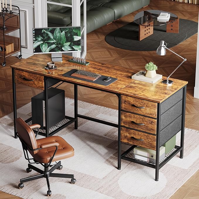 Huuger 63 Inch Computer Desk with 4 Drawers and Mesh Shelf, Gaming and Work Desk for Home Office, Study, Bedroom, Work from Home, Rustic Brown