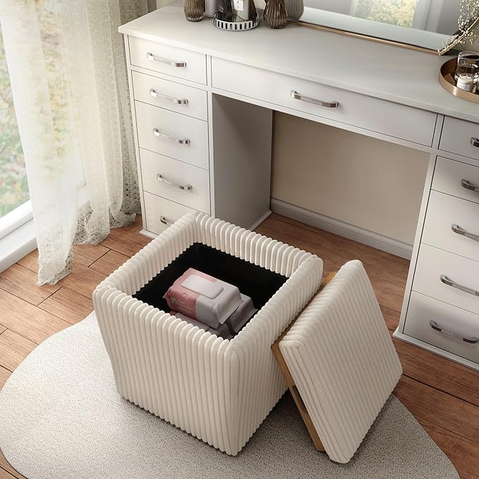 Furniture of America Lennox Modern Chenille 17-inch Square Storage Ottoman with Reversible Tray Top, Upholstered Footstool for Living Room, Bedroom, Entryway, Beige Pink