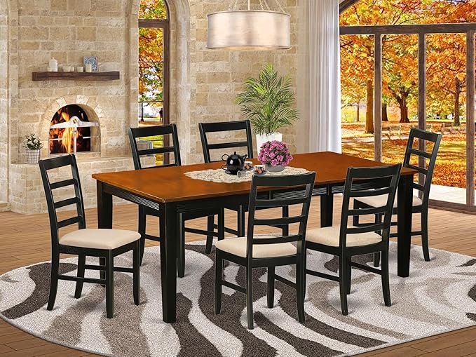 East West Furniture QUPF7-BCH-C 7 Piece Dining Table Set Consist of a Rectangle Dining Room Table with Butterfly Leaf and 6 Linen Fabric Upholstered Chairs, 40x78 Inch, Black & Cherry