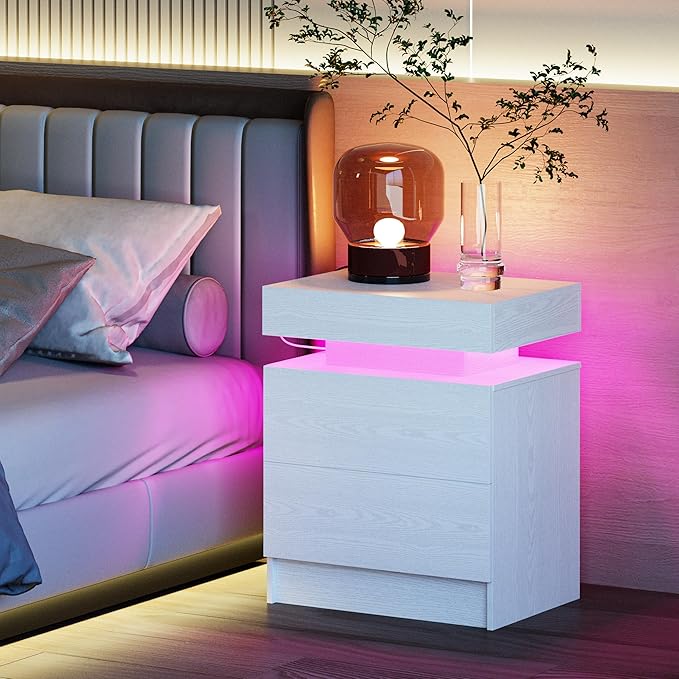 LIKIMIO Night Stand with Charging Station, Modern White Nightstand with LED Light and Drawers, Bedside Tables/End Table for Bedroom