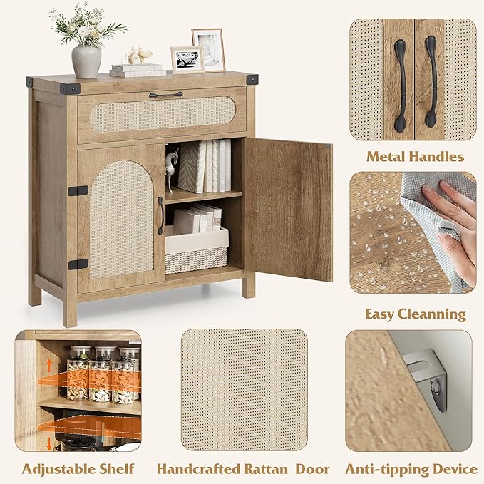 Garvee 29.9'' Small Rattan Buffet Cabinet with Storage, Kitchen Coffee Bar Cabinet with Doors and Drawer, Boho Farmhouse Sideboard with Adjustable Shelves and Handle for Living Room, Natural