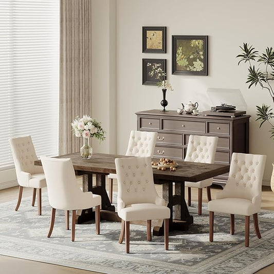 COLAMY Fabric Side Dining Chairs Set of 6, Wingback Upholstered Dining Room Chairs with Tufted Button, Living Room Chairs for Home Kitchen, Beige