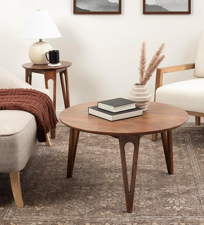 Kate and Laurel Kershaw Mid-Century Modern Round Coffee Table, 30 x 30 x 19, Walnut Brown, Transitional Circle Living Room Table with Solid Mango Wood Construction and Tapered Hairpin Legs