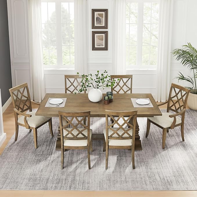 KEIKI Retro 7-Piece Wooden Dining Table Set for 6 Person, Vintage Table Set with Extendable Rectangular MDF Wood Grain Table and 6 Upholstered Chair, Easy Assembly, for Kitchen, Dining Room, White Oak