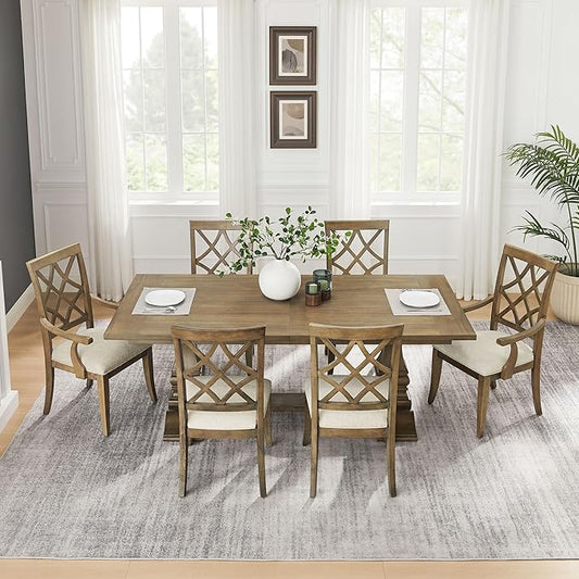 KEIKI Retro 7-Piece Wooden Dining Table Set for 6 Person, Vintage Table Set with Extendable Rectangular MDF Wood Grain Table and 6 Upholstered Chair, Easy Assembly, for Kitchen, Dining Room, White Oak
