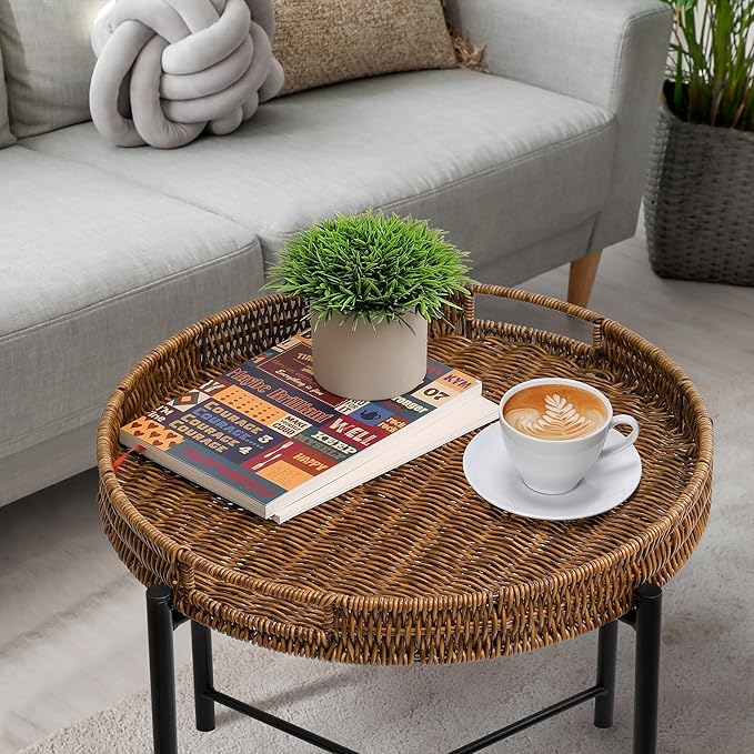Small Wicker Round End Table, 16.5 in Rattan End Tables with Removable Tray, Waterproof Sofa Coffee Side Table, Indoor Outdoor Side Tables for Patio, Living Room Bedroom Office