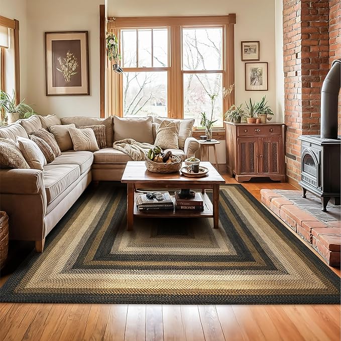 Homespice Kilimanjaro Premium Jute Braided Area Rug, 8' x 10' Rectangular Black, Reversible, Natural Jute Yarn Rustic, Country, Primitive, Farmhouse Style - 30 Day Risk Free Purchase