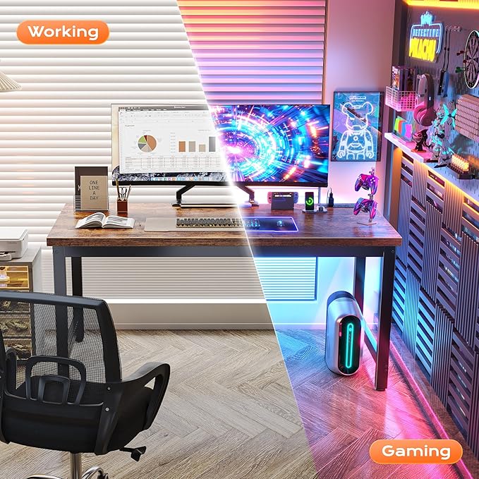Huuger 55 x 24 inch Desk with Power Outlets & USB-C, Deeper & Thicker Desktop, Robust Metal Tubes, Computer Desk, Heavy Duty Office Desk, Work Gaming Desk for Home Office, Rustic Brown