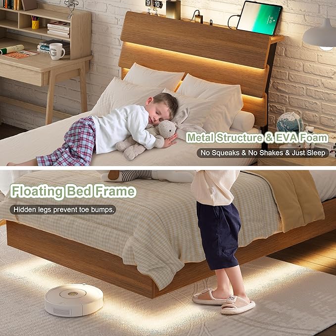 Feonase Floating Bed Frame Twin with Led Lights and Charging Station, Wood Full Size Bed Frame with Storage Headboard, Heavy Duty Metal Slats, No Box Spring Needed, Easy Assembly,Walnut