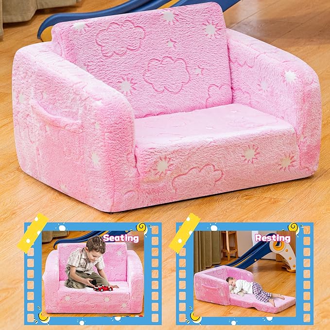 Lamerge 2-in-1 Soft Toddler Couch Fold Out,Foldable Toddler Chair, Glow in The Dark Kids Sofa for playroom,Convertible Foam and Floor Cushion for Boys and Girls (Pink and Clouds)