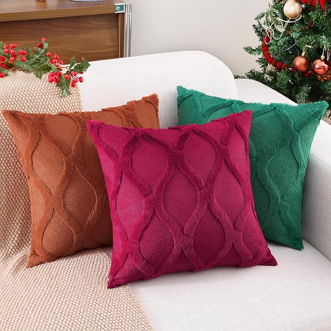 decorUhome Throw Pillow Covers 26x26 Inch Set of 2, Soft Plush Faux Fur Wool Burgundy Couch Pillow Covers, Decorative Neutral Pillow Cases for Bed Sofa Living Room Home Decor