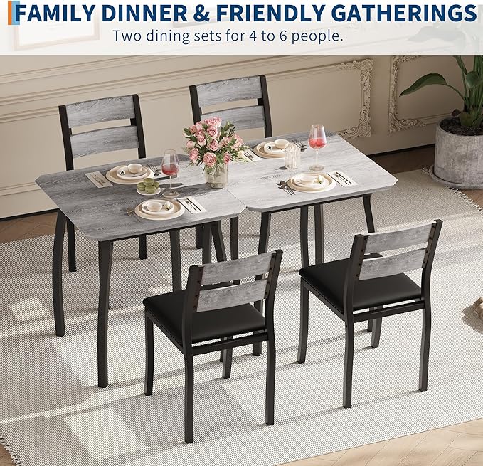 GAOMON Dining Table Set for 2, 3 Piece Small Kitchen Table and 2 Upholstered Chairs with Metal Frame & Wood Grain Tabletop for Small Space, Apartment, Kitchen, Dining Room, Black/Grey