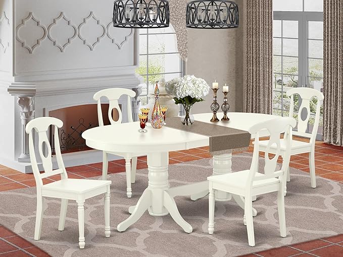 East West Furniture VAKE5-LWH-W 5 Piece Kitchen Table Set for 4 Includes an Oval Dining Room Table with Butterfly Leaf and 4 Solid Wood Seat Chairs, 40x76 Inch, Linen White