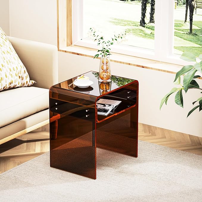 Clear Acrylic End Table 2-Tier Bedside Nightstand for Living Room Bedroom (1, Dark Brown)
