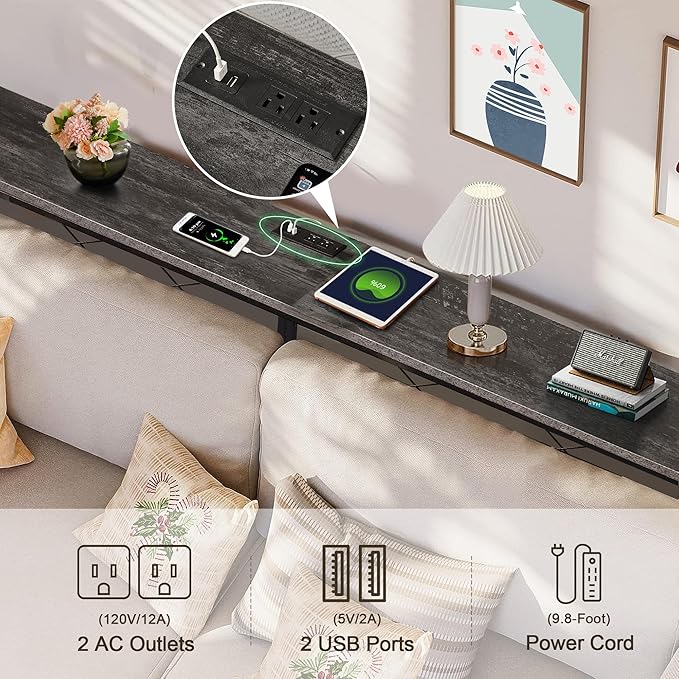 VECELO 55In Extra Long Narrow Sofa/Console Table with Charging Station & Power Outlet and USB Ports, for Entryway, Living Room, Office, Industrial, Grey