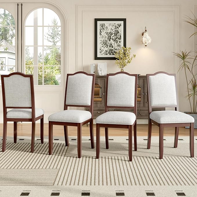 Merax Upholstered Dining Chairs Set of 4, Farmhouse Chair with High Back, Modern Seating for Kitchen, Bedroom & Living Room, Cherry+Beige