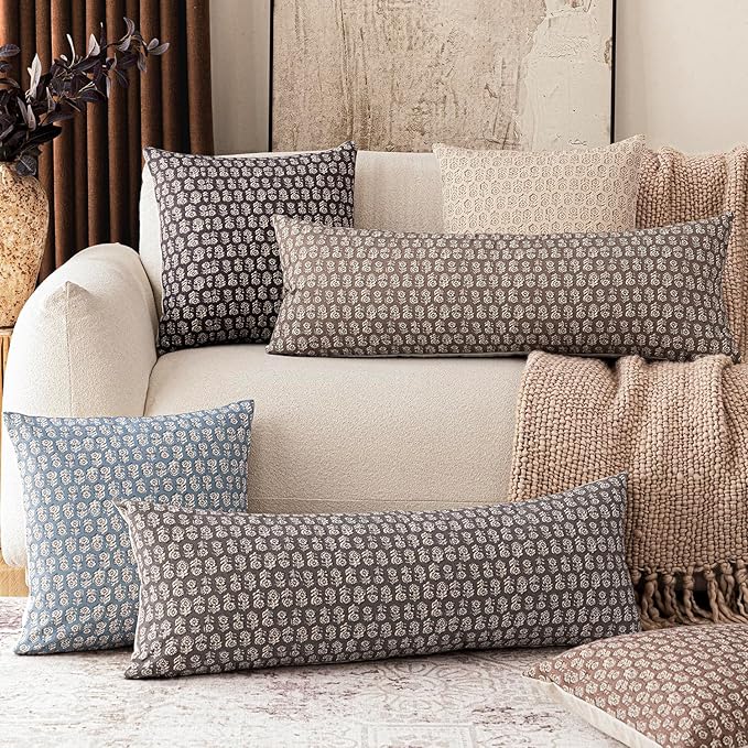 Foindtower Set of 2 Decorative Vintage Long Lumbar Throw Pillow Covers Neutral Modern Farmhouse Cushion Covers Floral Home Decor For Sofa Couch Chair Bedroom Living Room Outdoor,14×36 Inch,Rustic Gray