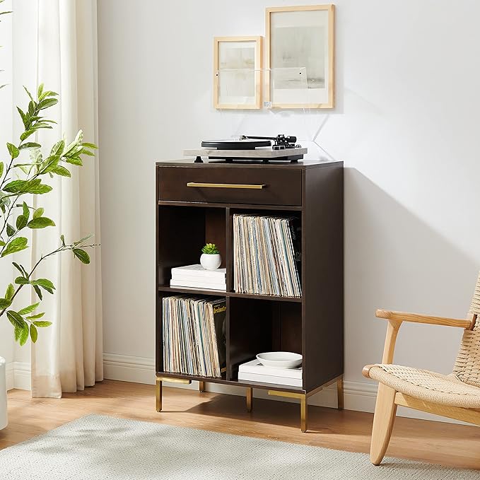 Crosley Furniture Juno Cube Bookcase and Record Player Stand with Storage for Vinyl Records, Dark Brown