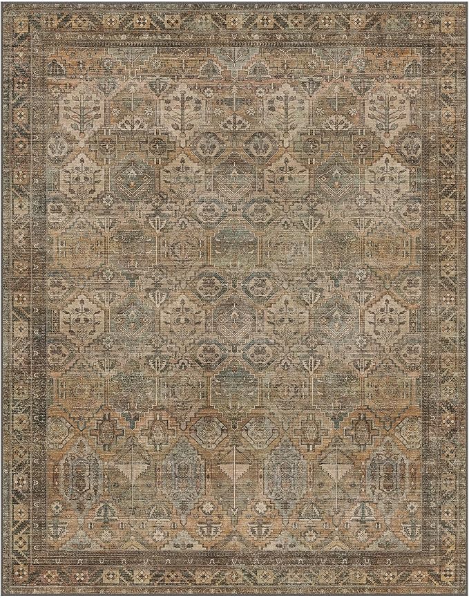 GENIMO 2x3 Area Rugs for Living Room, Machine Washable Non Slip Vintage Rugs, Low Pile Lightweight Chenille Print Rug for Bedroom, Dining Room, Home Office, Warm Taupe