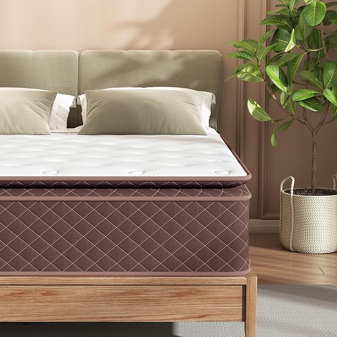 Queen Mattress, 14 Inch Pillow Top Queen Size Mattress – Plush Comfort with Pocketed Coils & Pressure Relief – Ideal for Side Sleepers, Motion Isolation & Back Pain Relief,Firm