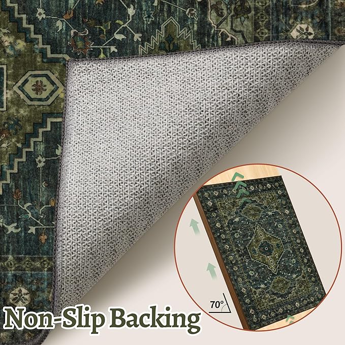 Tangsoo Washable Entryway Rugs Vintage Olive Green Rug 2x3 Non Slip Small Area Rug, Front Door Boho Rugs, Print Distressed Door Mat Indoor Entrance Soft Low Pile Throw Rug for Entry Kitchen Bedroom