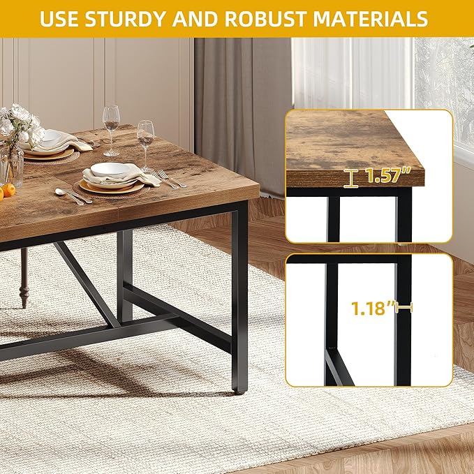 DWVO 70.8" Large Dining Room Table for 6-8 People Rectangle Kitchen Table Farmhouse Industrial Wood Style Dinning Tables with Heavy Duty Metal Leg Dinner Table for Apartment Restaurant Brown