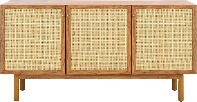 SAFAVIEH Aino TV Stand for up to 60" Flatscreen – Oak Brown with Rattan Mesh, 3 Doors with Interior Storage, Sideboard Cabinet, Entertainment Media Console (MED9618D)