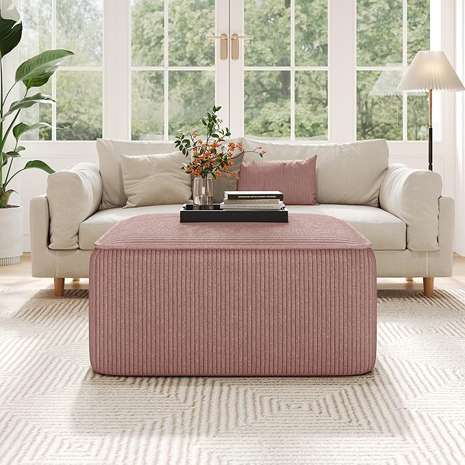 Christopher Knight Home Isa Square Ottoman Footstool, Corduroy Pouf Poufee Footrest Ottoman Large Seat, Modern Side Table for Living Room Bedroom Home Decor, Pink, 30"