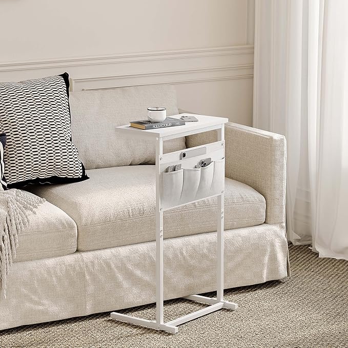 C Shaped End Table, Side Table for Sofa, Small TV Tray, Couch Table with Storage Bag for Small Space, Living Room, Bedroom, Home Office LET501W (White)