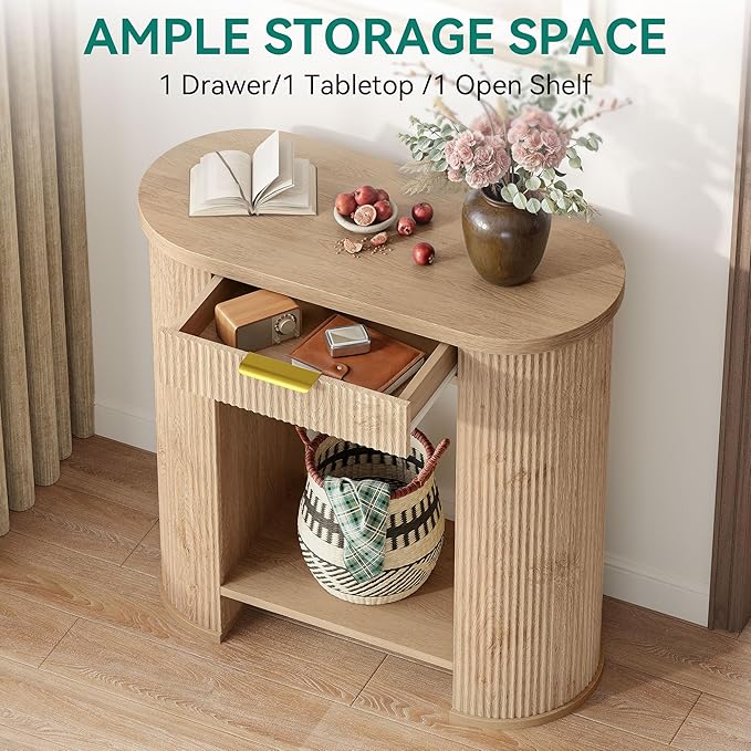 YITAHOME 31.5" Farmhouse Console Table for Entryway, Entry Hallway Foyer Table with 2 Drawers and Storage Shelf, Large Sofa Behind Couch Fluted Elliptical Desk for Hallway Living Room, Oak Color